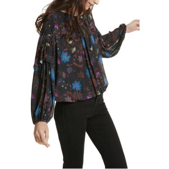 Free People Tops - FREE PEOPLE Black Wildflower Honey Floral Stretch Mesh Blouse Ruffle Top Medium